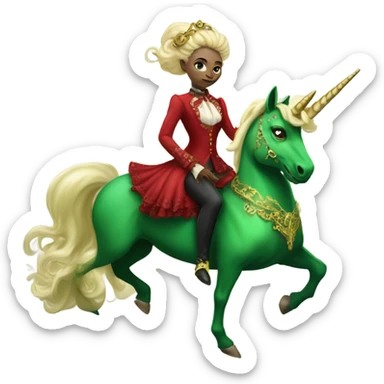 "galora green blonde alien woman" in red Victorian elegant dress, full body, rides unicorn gold and white surrounded by fire
 sticker