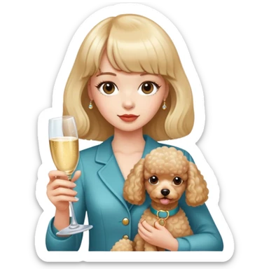 A girl with bangs holding a champagne-colored poodle sticker