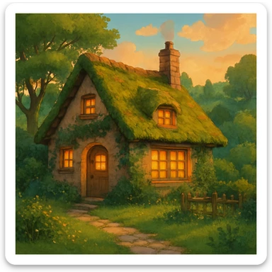 cozy cottage in a lush landscape with warm lighting in ghibli style sticker