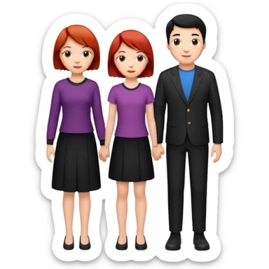 a family of three, all three white: the mother with short red hair, the father with black hair, and the daughter with black hair girl sticker