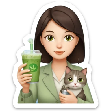 a brunette woman in here 30S drinking an iced matcha, carrying a grey cat and a map of the world sticker