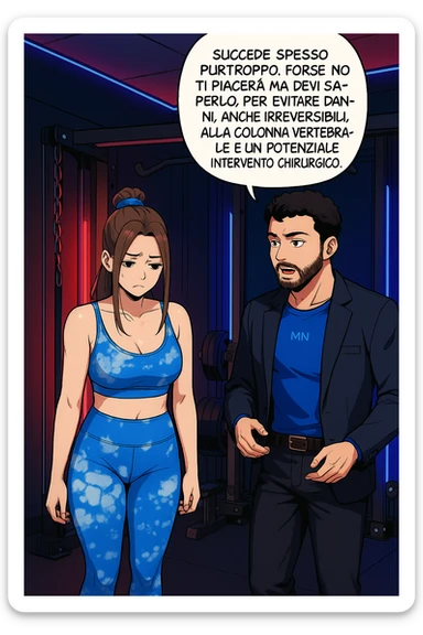 fai questa immagine in versione fumetto/manga/webtoon a colori, il manga mostra l'uomo che risponde alla donne:
Succede spesso purtroppo. 
Forse non ti piacerà ma devi saperlo, per evitare danni, anche irreversibili, alla colonna vertebrale e un potenziale intervento chirurgico. sticker