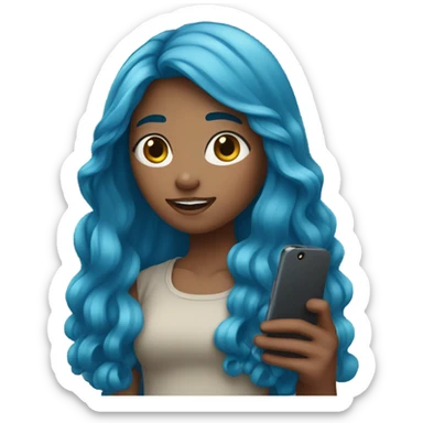 girl with long blue hair holding a phone in her hands sticker