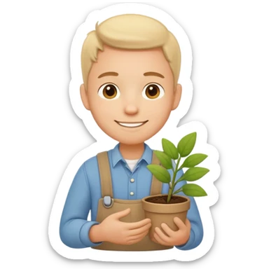 A calm, friendly male cartoon character with light skin, simple farm clothes, warm smile, holding a small plant or flower, stylized as a cute, readable emoji icon with soft earthy color sticker