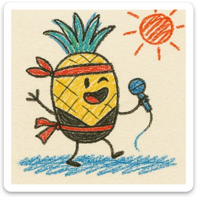 a pineapple singing in Hawaii, wearing a ninja costume, playful illustration sticker