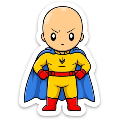 Saitama from One Punch Man, bald head, blank expression, yellow hero suit with white cape, red gloves sticker