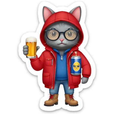 Catfish in a red winter jacket with hood, wearing round glasses, blue jeans, red boots, holding a beer can with a red label sticker