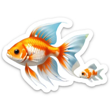 Large aquarium fish like veil tails and lionhead goldfish swimming gracefully in a beautifully decorated aquarium. Colorful aquatic plants, smooth rocks, and gentle bubbles surround the fish. The water shimmers in sunlight, creating a peaceful and vibrant underwater scene. Transparent background. sticker