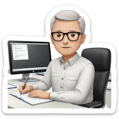 un uomo di circa 60 anni, capelli corti e brizzolati, occhiali con montatura nera, seduto ad una scrivania in un grande ufficio vuoto, tutto bianco, con il mobilio bianco, davanti a tre monitor ed un notebook, che lavora scrivendo software sticker