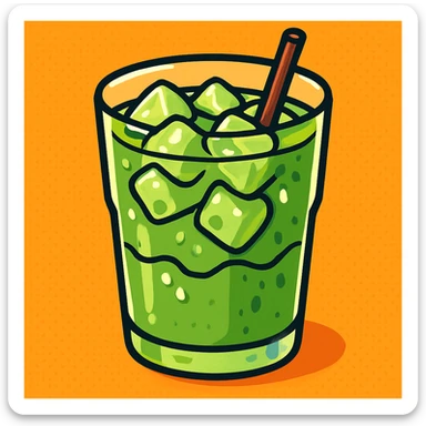iced matcha latte in a clear glass with ice cubes, vibrant green color, condensation on the glass, modern aesthetic sticker