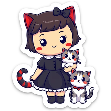 girl with black Lolita dress and black hair with red tips next to an American Shorthair tabby cat sticker