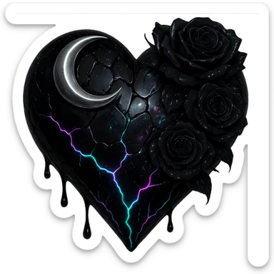 Edit the gothic heart to use fractured deep black glass, silver crescent moon, black roses, iridescent holographic stardust, neon lightning bolts, and a wet, shiny finish. Keep the background transparent. Maintain the gothic heart style and details. sticker