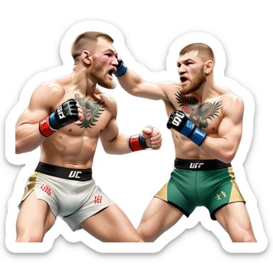 Iconic MMA match between Conor McGregor and Khabib Nurmagomedov in the octagon. McGregor throws a powerful punch while Khabib counters with a takedown attempt. The crowd roars in the background as the fighters showcase their intense rivalry. Transparent background captures the high-stakes fight sticker