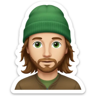 white man
aged 40
Blue eyes, 
mid length brown wavy hair
Green beanie hat sticker