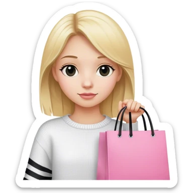 Blond girl wearing a white sueter with black stripes, carring a pink shopping bag sticker