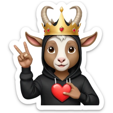 Goat with horns wearing black hoodie and a royal crown do the heart hands sign sticker