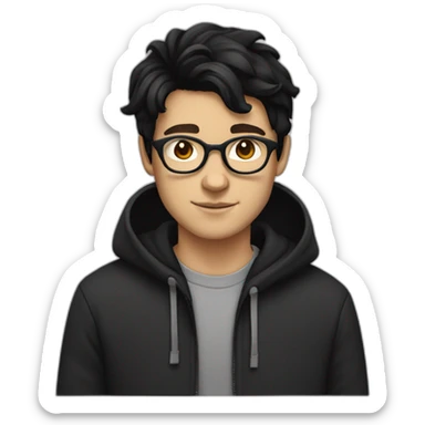 White boy wearing glasses in a black hoodies with wavey black hair with brown eye sticker