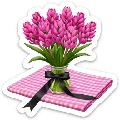 A lush bouquet of bright pink color Hyacinths black satin ribbon, resting on an antique wooden table, with a pale yellow and pink plaid pattern table cloth sticker
