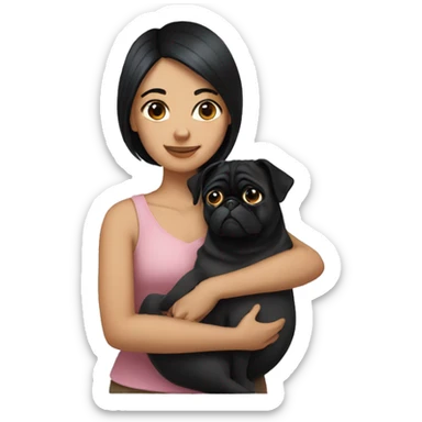 woman hugging a pug long black hair sticker