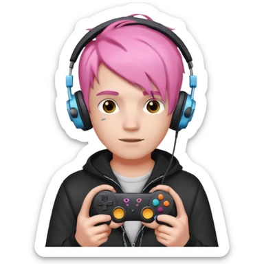 pink haired boy with headphones holding game controller sticker