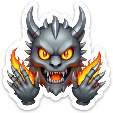 a scary metal with claws and a dangerous face, emiting fire from its ears and hands sticker