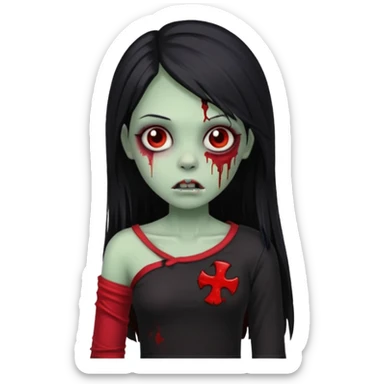 Garota zumbi com cabelo todo preto liso longo e mechas vermelhas na lateral da cabeça dos dois lados, usando uma blusa com um lado da manga caida preta  sticker