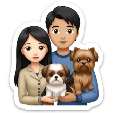 A beautiful Asian girl with long black hair is holding a Yorkshire Terrier. She is standing next to her brown skinned boyfriend, who is holding a Shih Tzu. They are each holding one dog each sticker