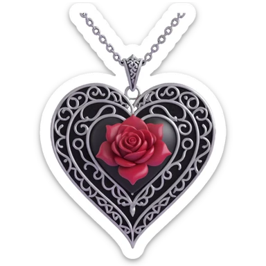 gothic heart with black velvet texture, silver chain, deep red gemstone, ornate and dramatic design, black rose accent, silver filigree details sticker