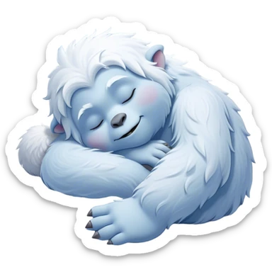 Meme-Worthy Cute Sleeping Yeti Portrait Emoji, with a charming, fluffy, snow-dusted figure in gentle whites and cool blues, head resting in blissful, serene slumber with closed, peaceful eyes and a small, contented smile, simplified yet irresistibly adorable, highly detailed with a soft frosty outline that captures the tender drowsiness of a yeti drifting into snowy dreams! sticker