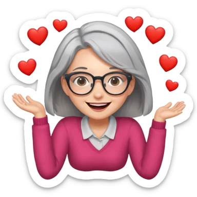 Shoulder length gray hair girl with glasses rolling on floor laughing with hearts  sticker