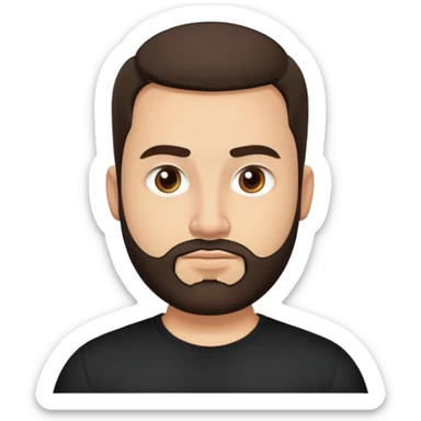 Fuller-figured man in his 30s with light brown skin, round face, full cheeks, medium dark brown eyes, thick eyebrows, wide nose, friendly expression, short full beard, short dark hair, wearing a black t-shirt sticker