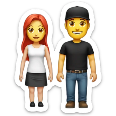 couple blond man with black cap and white shirt, woman with red hair shirt with neckline sticker
