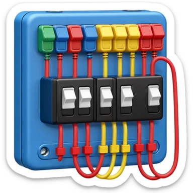 fuse box emoji with colored wires and switches, representing electrical installation, clear and simple style sticker