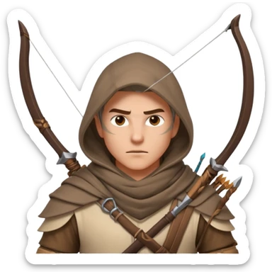desert archer warrior portrait, head and shoulders only, hooded scarf collar, quiver strap visible, sharp focused eyes, 3D cartoon, mobile game icon style, clean background, no text, no watermark
 sticker