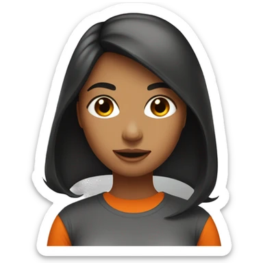 woman darker with dark straight hair in orange color t-shirt. she stay with vacum cleaner sticker