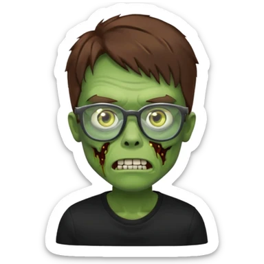 Green zombie, brown hair, black glasses, black shirt. iOS style. sticker