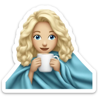 Blonde hair blue eye girl sipping coffee under blanket  sticker