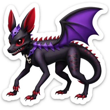 Gothic Black red purple Scaley Exotic Salandit-Umbreon-Noibat-Houndoom-Fakémon-hybrid-creature (full body), 4 legs, skull face mask sticker