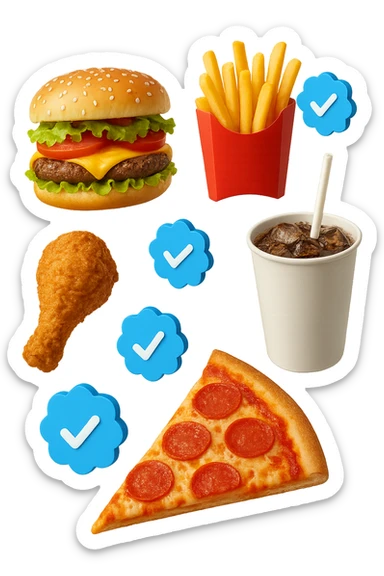 fast food realistico fluttua in aria insieme a spunte di verificato in 3d sticker