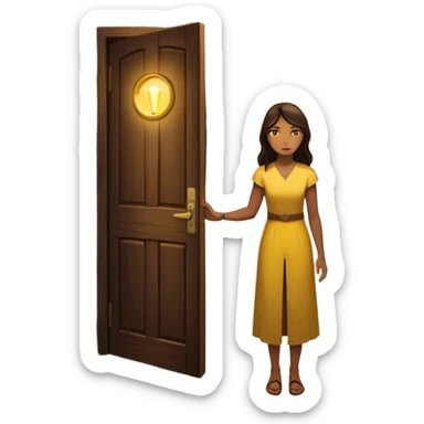 woman standing in front of a long road, looking forward with confidence—behind her, multiple closed doors symbolizing rejection, but one door ahead is glowing, representing the path forward. In her hand, she holds a small bright light, symbolizing her knowing—her guide. sticker