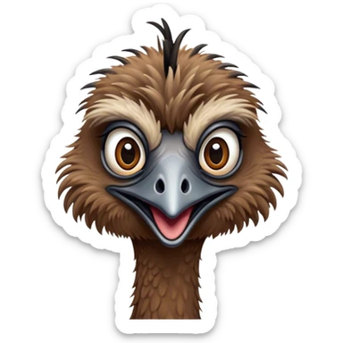 Cinematic Comical Emu Portrait Emoji, Head tilted dramatically with an exaggeratedly amused expression, featuring a striking, textured brown plumage with a comically small head and wide, expressive eyes full of playful disbelief, Simplified yet hilariously expressive features, highly detailed, glowing with a slightly sassy glow, high shine, dramatic yet playful, stylized with an air of cheeky outback mischief, bright and endearing, soft glowing outline, capturing the essence of a spirited and over‐the‐top emu, so meme‐worthy it feels like it could squawk its way into internet fame instantly! sticker