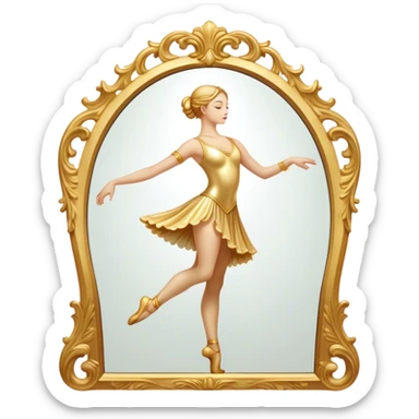 Cinematic Realistic Mirror, a large, ornate mirror reflecting a dancer’s poised silhouette, soft golden light creating depth, slight smudges on the glass adding realism, glowing with a timeless and artistic presence. sticker
