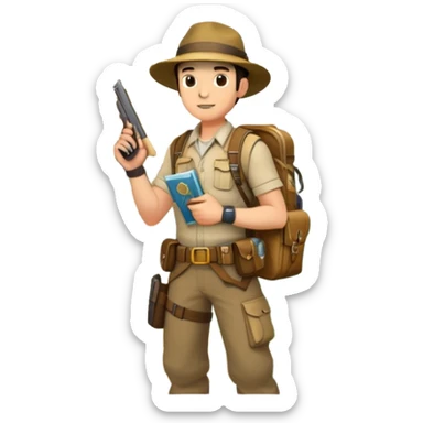 An icon inspired by adventure games like Uncharted 4, featuring a rugged explorer with a backpack, standing in front of an ancient temple or treasure. The design includes a treasure map, a pistol, and jungle foliage, symbolizing the thrill of exploration and danger. Transparent background sticker