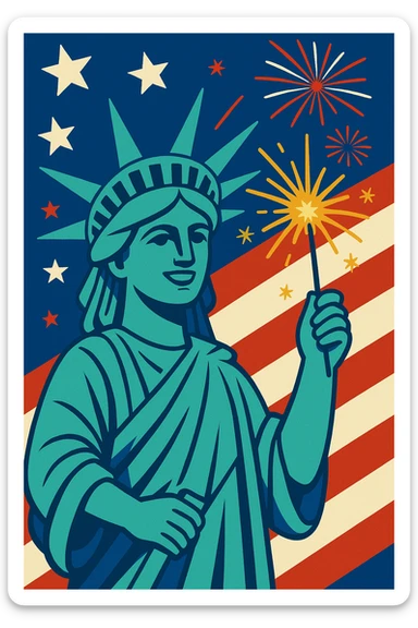 Statue of Liberty holding a sparkler, 4th of July, patriotic, colorful sticker