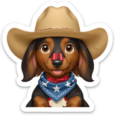 mostly black with some brown long hair daschund with a cowboy hat, ears curl out a bit and bandana and tongue slightly out sticker