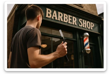 sartaroshxona oldida turgan yosh yigit bir qo'lida ustara bilan pastroqdan rakurs yuzi ko'rinmasin sticker