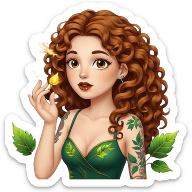 full body view of a woman with long curly brown hair, brown eyes, white skin, tattoos, blowing a glowing kiss made of leaves and sparks sticker
