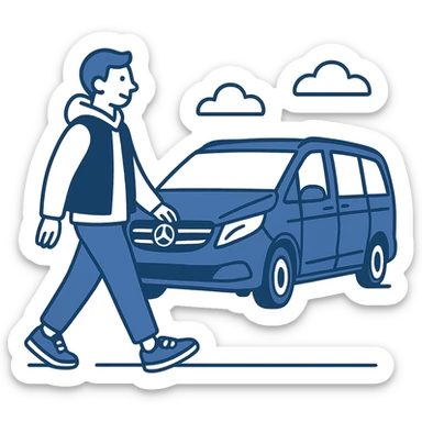 minimal flat icon style of a guy in a white hoodie, black vest, and sneakers, walking past a black Mercedes V-Class van sticker