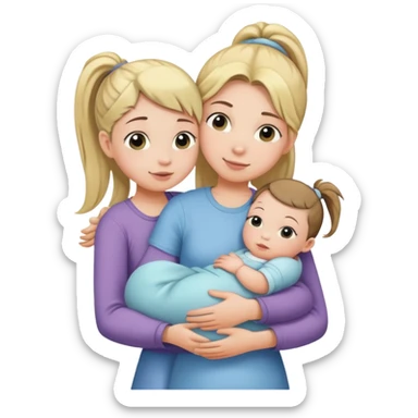 Big sister with ponytail carefully holding newborn baby while hugging younger sister sticker