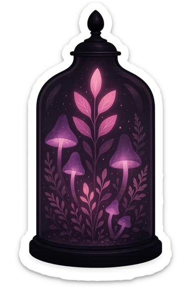 black and pink enchanted terrarium with glowing plants sticker